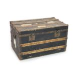 A metal mounted canvas and wood bound cabin trunk, bearing labels relating to 'Mrs Mallowan',