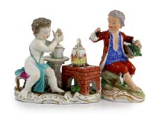 Two Meissen figures, late 18th century,the first modelled as a cherub making hot chocolate,