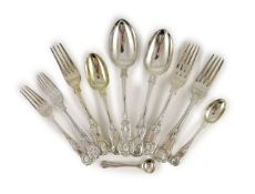 A Victorian and later harlequin part canteen of Kings and Queens pattern silver and plated