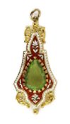 A late 19th/early 20th century gold, two colour enamel and peridot set pendant,of tapering form,