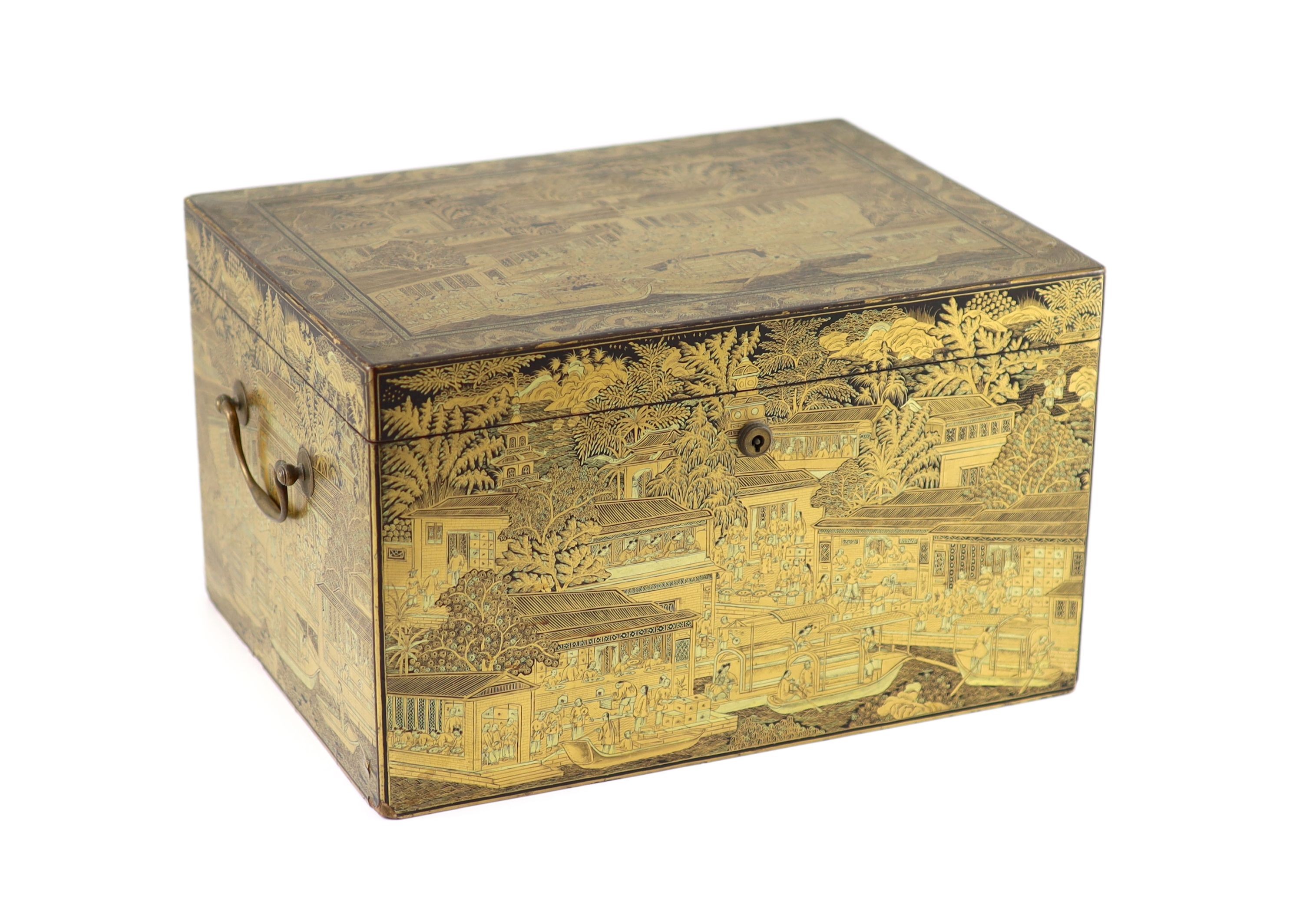 A Chinese export gilt decorated black lacquer tea chest, early 19th century,typically decorated with