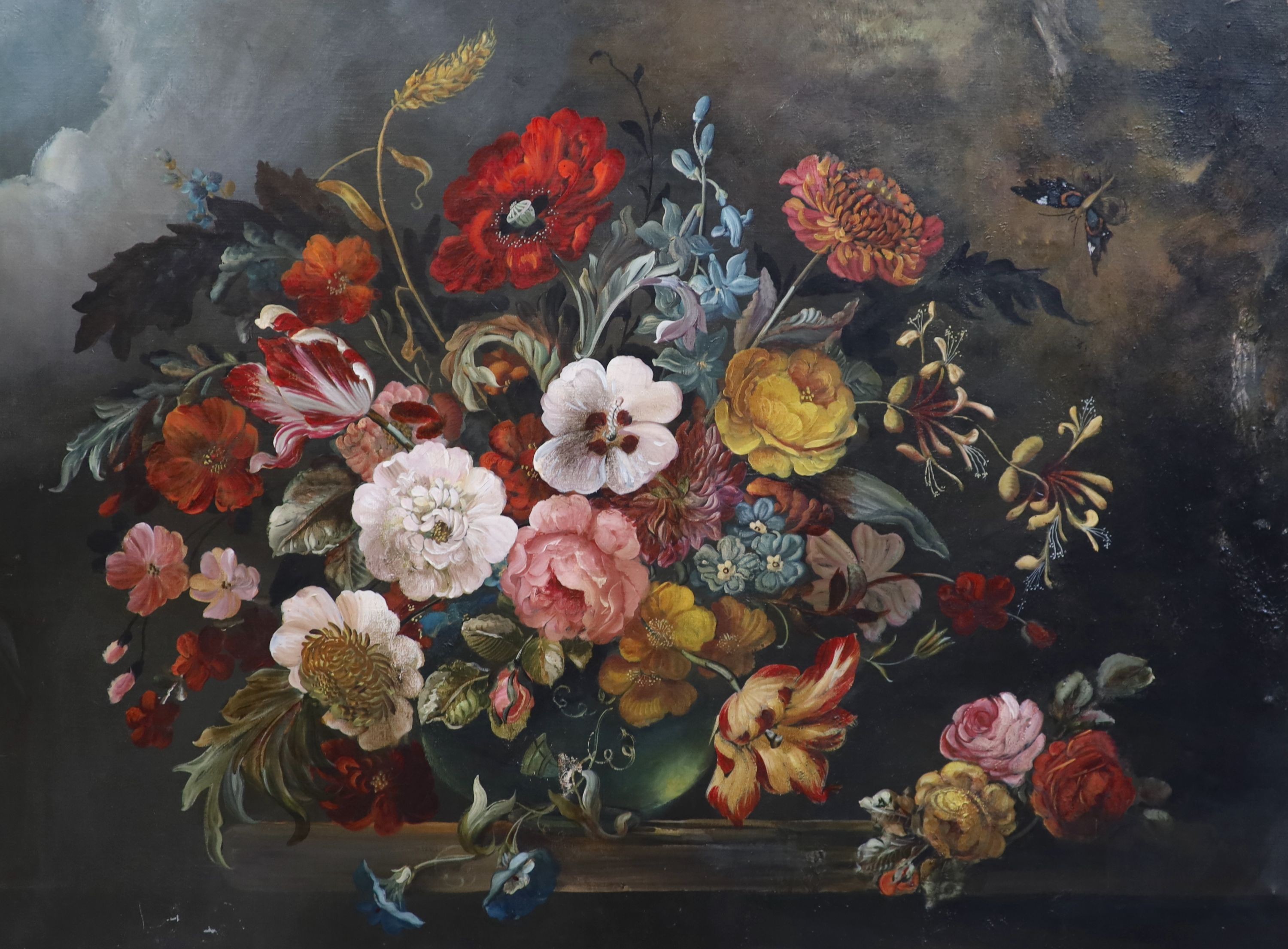 English School c.1900 Still life of flowers in a vase upon a ledgeoil on canvas75 x 100cmOil on
