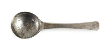 A late 17th century Danish silver spoon,the bowl front engraved with Christ on boat preaching to a