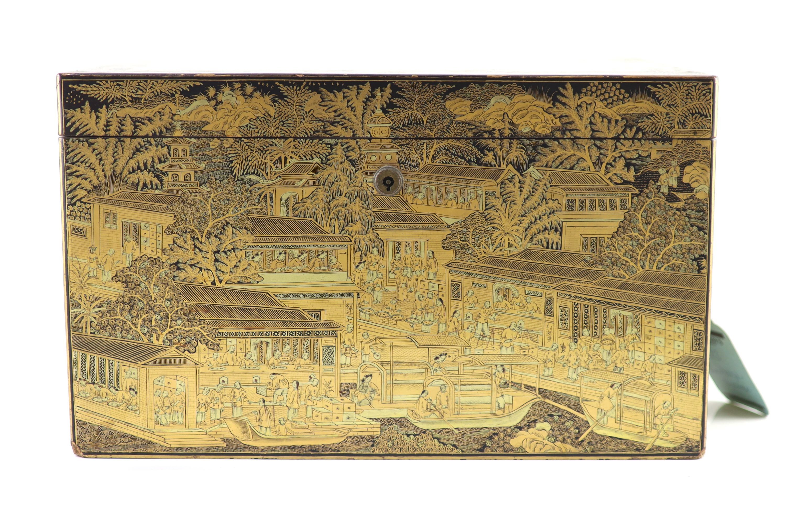 A Chinese export gilt decorated black lacquer tea chest, early 19th century,typically decorated with - Image 2 of 10