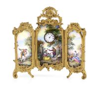 A late 19th century Viennese ormolu and enamel timepiece,of part folding triptych form with floral
