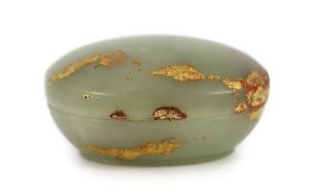 A Chinese pale celadon jade box and cover, 18th century, remnants of gilt lacquer decoration,of