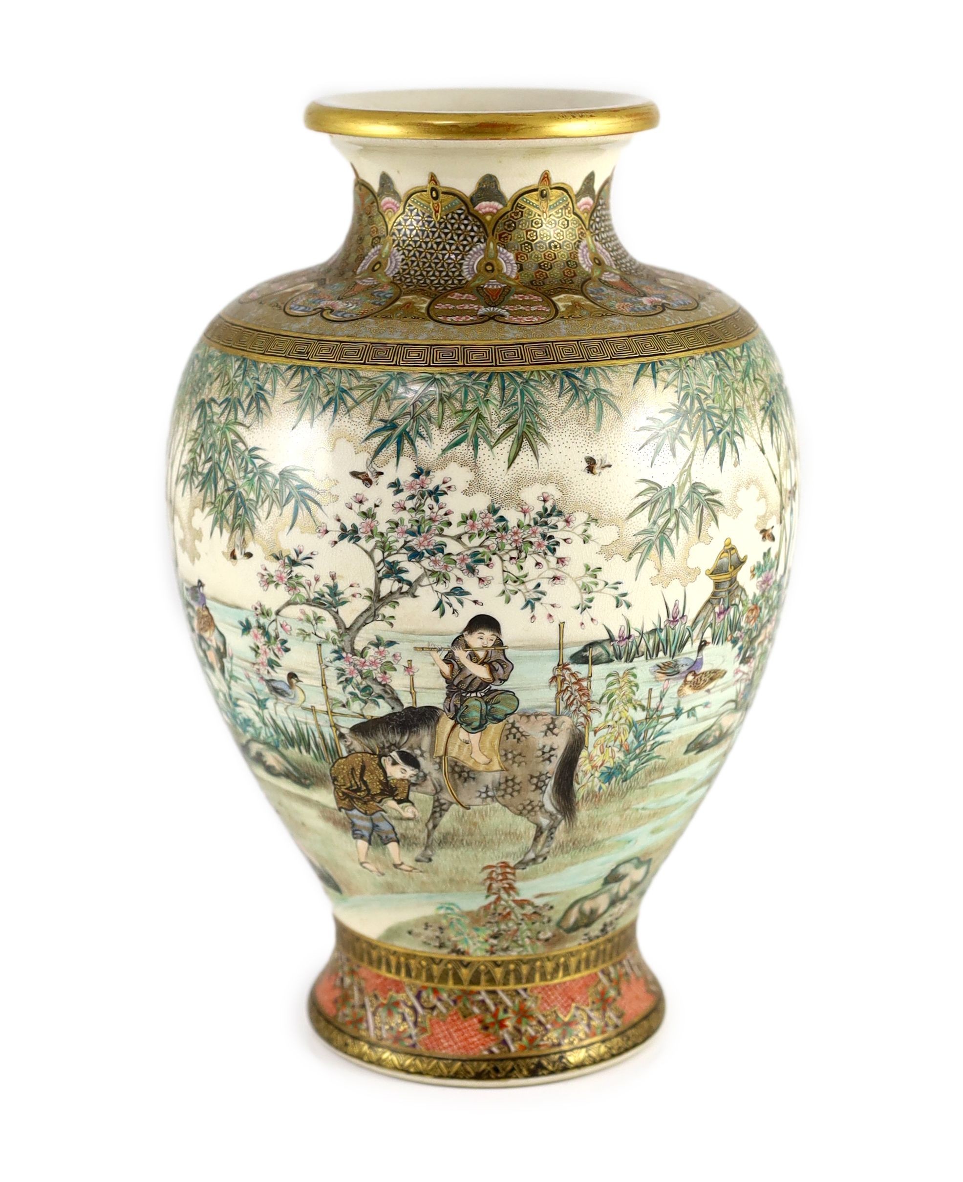 A fine Japanese Satsuma pottery vase, signed Takezan, Meiji period,finely painted with boys in a