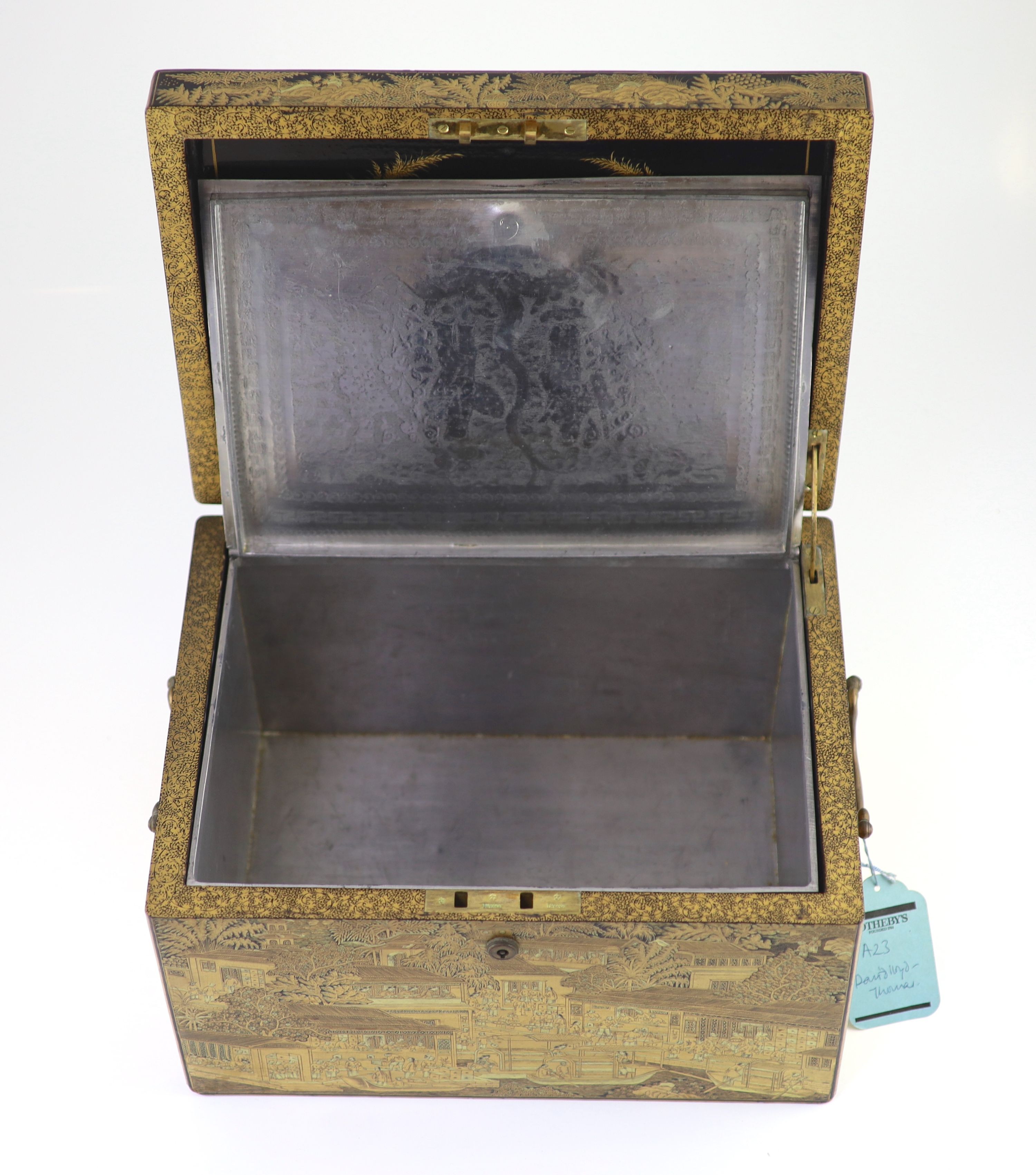 A Chinese export gilt decorated black lacquer tea chest, early 19th century,typically decorated with - Image 10 of 10