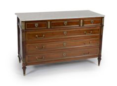 A 1790's French Directoire period brass mounted mahogany commode,with veined white marble top over