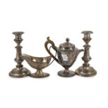 A pair of Sheffield plate candlesticks and nozzles,with reeded and foliate decoration, 21cm high;