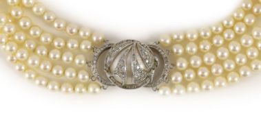 A 20th century quintuple strand cultured pearl choker necklace, with 14k, white gold and diamond set