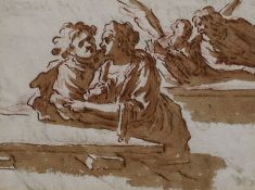Marc Antonio Bassetti (1588-1630) Two lovers at a table and St Matthew and the angelink and wash
