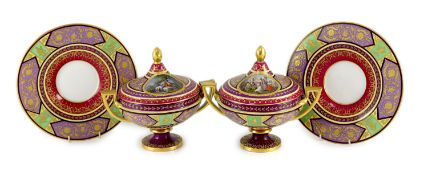 A pair of Vienna style porcelain ecuelles, covers and stands, c.1900,each finely painted with figure