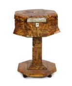 A mid 19th century tortoiseshell veneered pedestal work table,with octagonal 'box' top, formerly