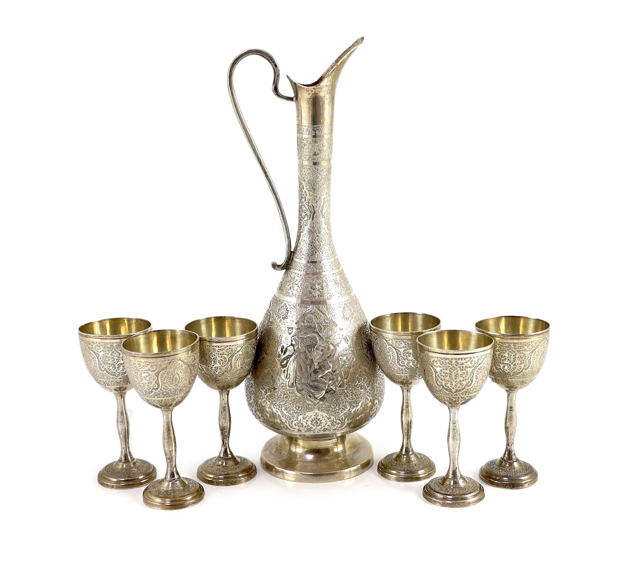 A Persian 84 standard silver ewer and six similar goblets, by Vartan,the goblets with engraved