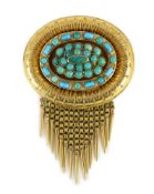 A Victorian gold and turquoise cluster set multi tassel drop oval brooch,with glazed pack and