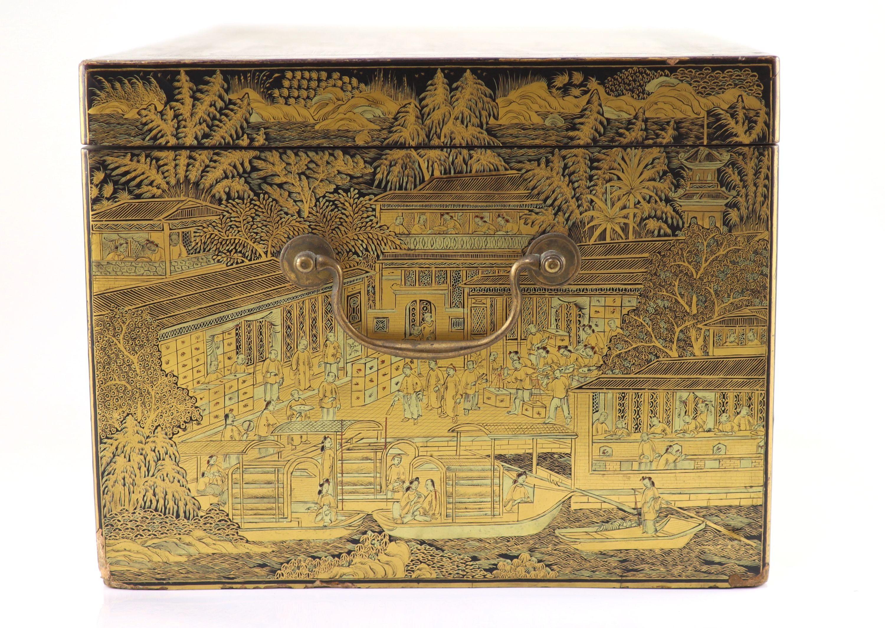 A Chinese export gilt decorated black lacquer tea chest, early 19th century,typically decorated with - Image 4 of 10