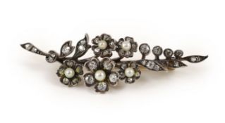 A Victorian gold, silver, diamond and seed pearl set spray brooch,52mm, gross weight 7.2 grams,