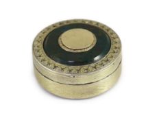 A George III engine turned silver gilt and inset bloodstone circular snuff box and cover, maker's
