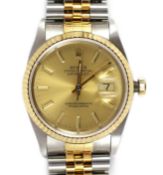 A gentleman's early 1990's steel and gold Rolex Oyster Perpetual Datejust wrist watch, on a steel