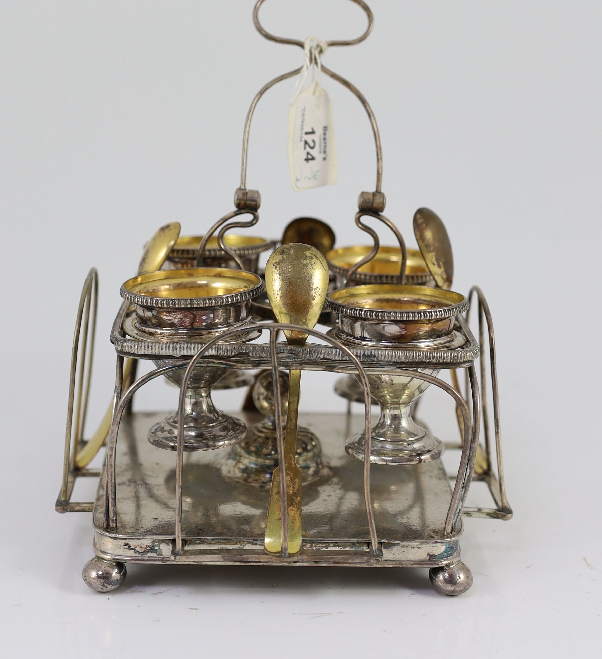 A Sheffield plate egg cruet with four egg cups and spoons,the square frame with gadroon borders - Image 2 of 3