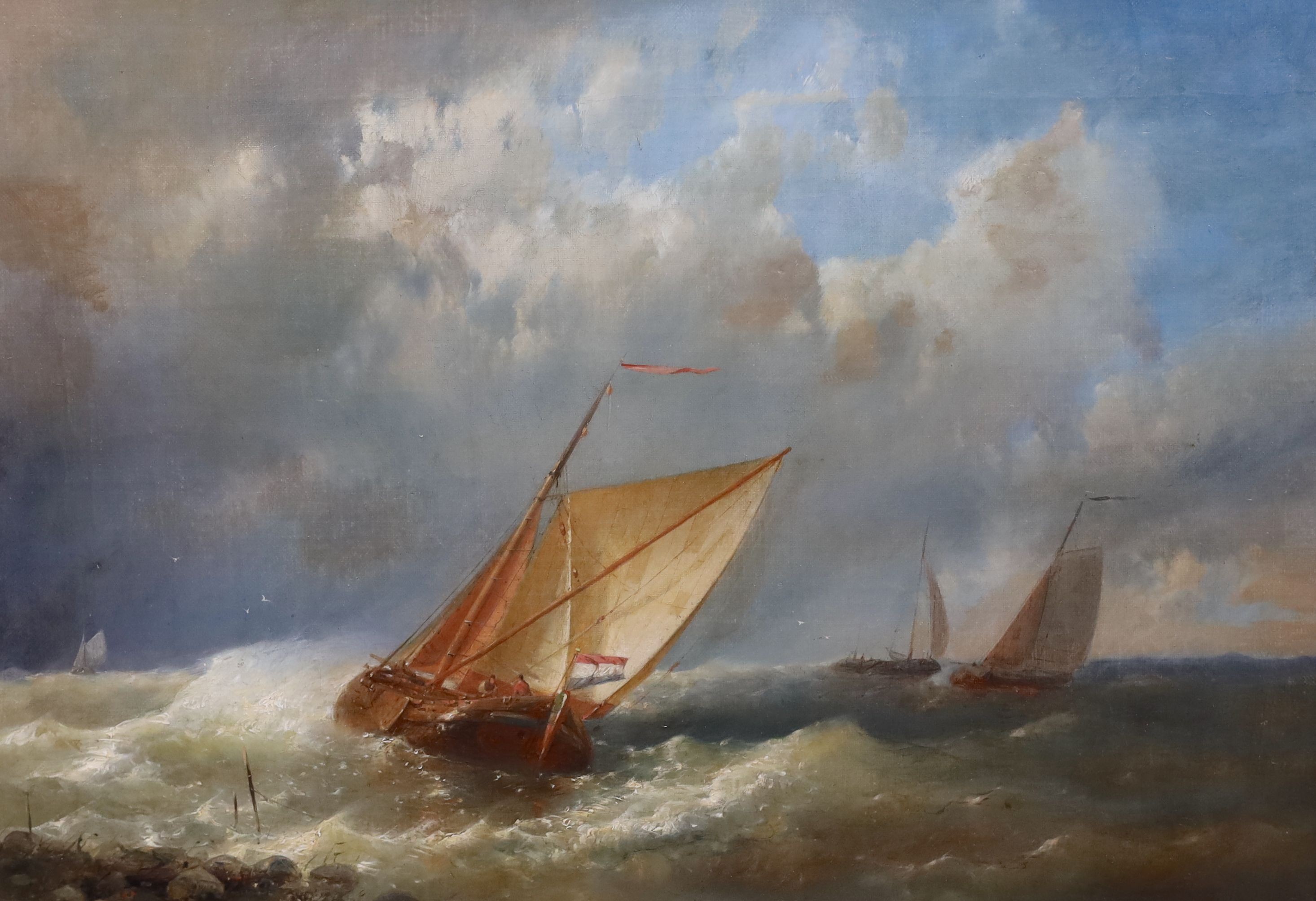 Abraham Hulk (Dutch, 1813-1897) Dutch vessels off the coastoil on canvassigned30 x 43cmOil on canvas