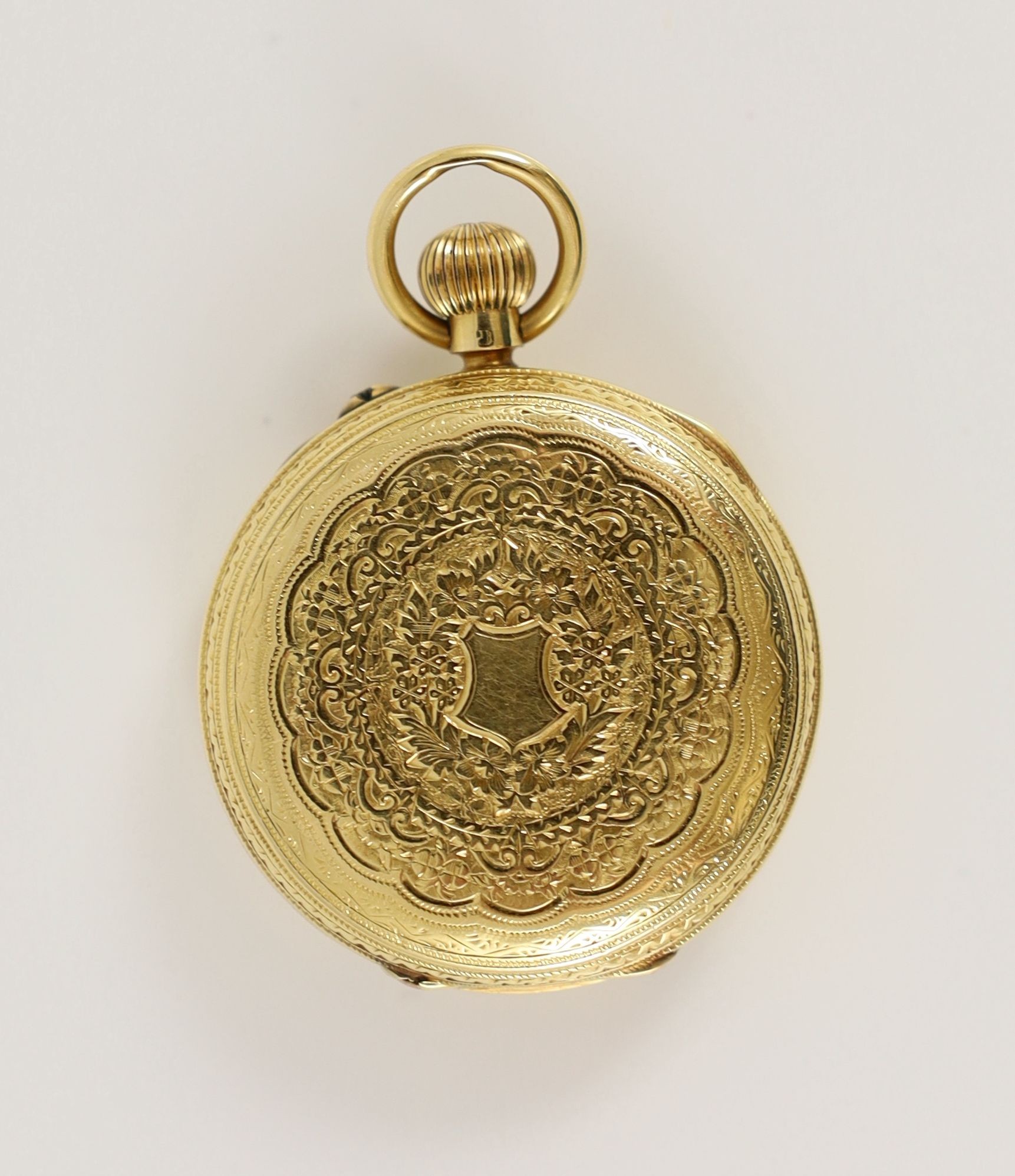 A late Victorian engraved 18ct gold keyless pocket watch,with Roman dial and subsidiary seconds, - Image 2 of 3
