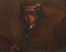 After Sir Joshua Reynolds (1723-1792) Self portrait of the artist holding a mahl stickoil on