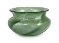 A rare Loetz Melusin green glass bowl,of compressed globular form with steel grey trailing to the