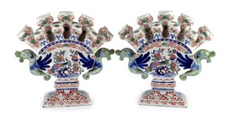 A pair of Delft polychrome multiple tulip vases, Lambertus van Eenhoorn, De Metaale Pot factory, c.