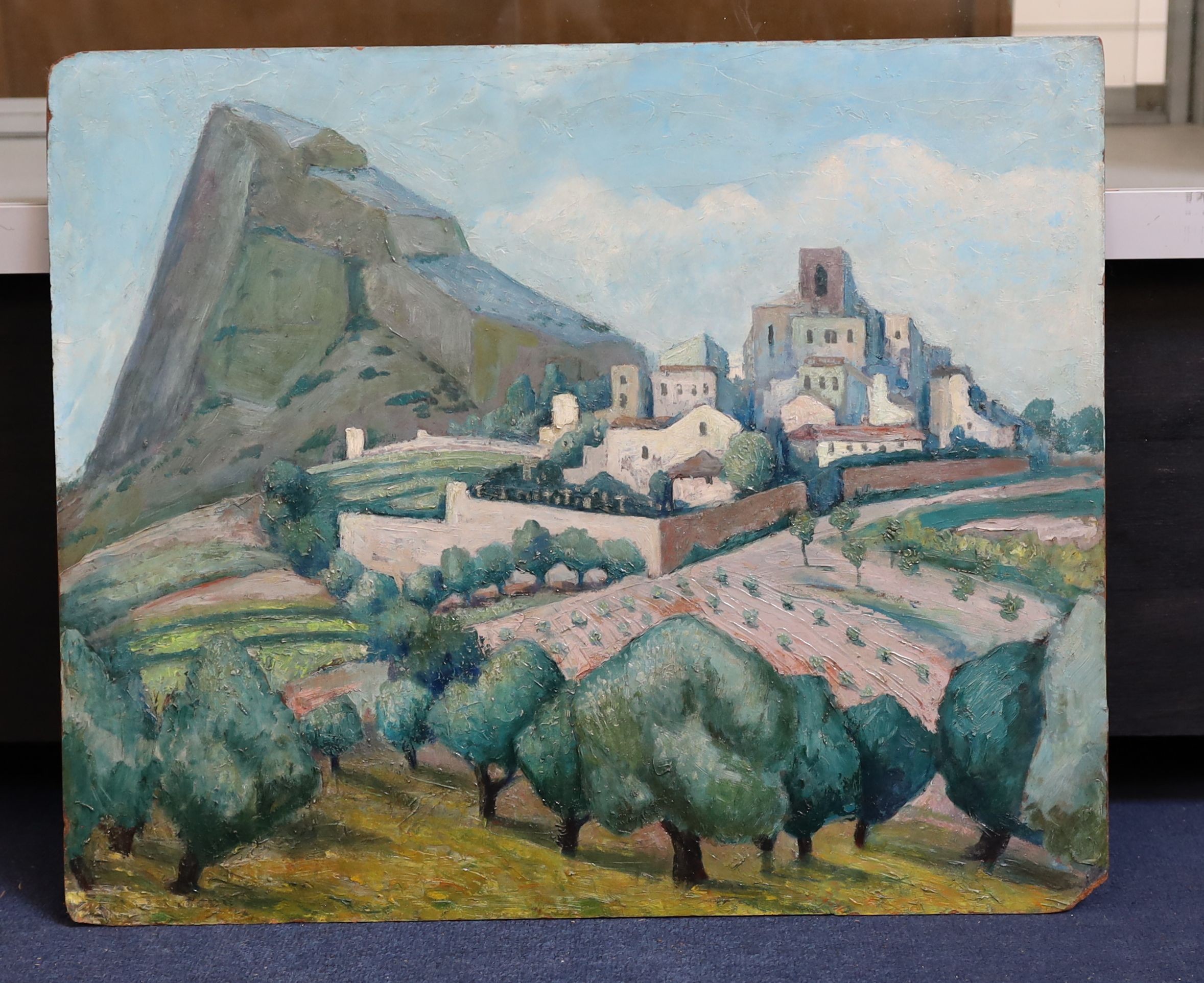 Attributed to Adrian Paul Allinson (1890-1959) Southern French landscape with hilltop townoil on - Image 2 of 3