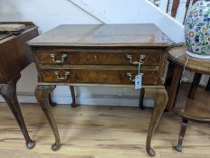 A Queen Anne revival walnut two drawer table canteen, (no contents), width 71cm, depth 51cm,