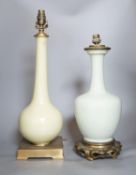Two Chinese celadon glazed converted lamps, 44cm