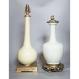 Two Chinese celadon glazed converted lamps, 44cm