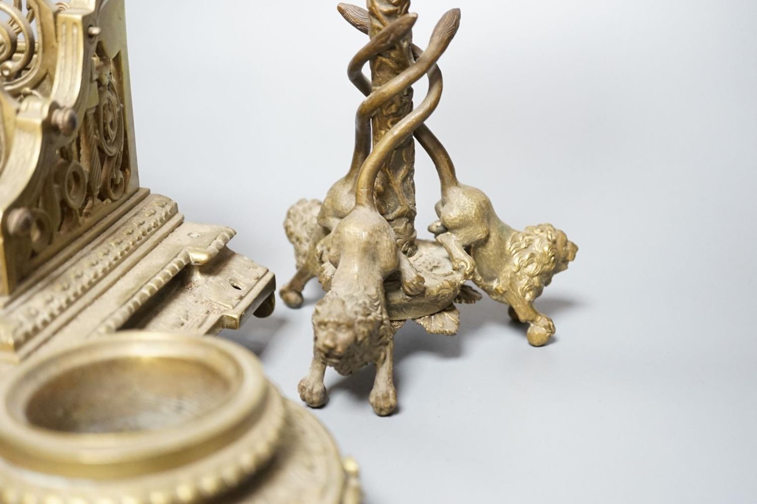A 19th century bronze desk stand and a similar ‘rams head’ and ‘lion’ candlestick, height 33cm - Image 3 of 5