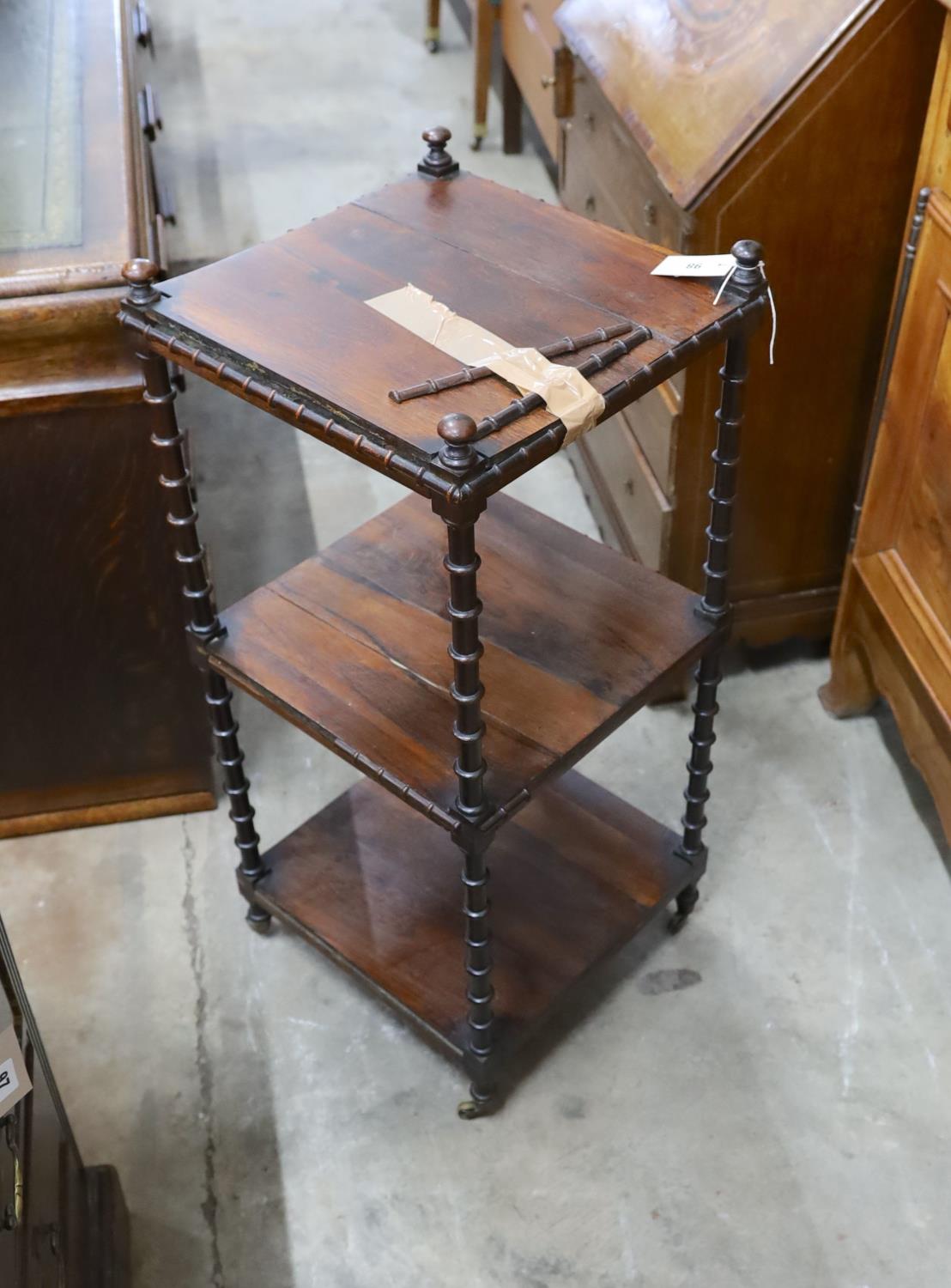 A Regency rosewood three tier whatnot, width 39cm, depth 39cm, height 89cm