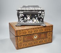A Victorian inlaid walnut box and a Victorian black lacquer tea caddy, 30cm