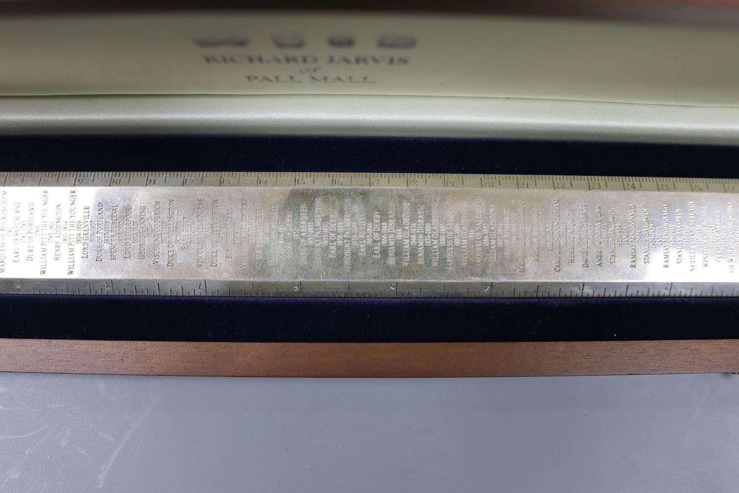 A cased modern silver 'Premier Rule' ruler, engraved with the names and dates of British Prime - Image 3 of 4