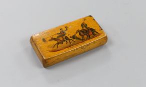 A painted wood snuff box decorated with donkeys ‘stratagem better than force’, 9.5cm