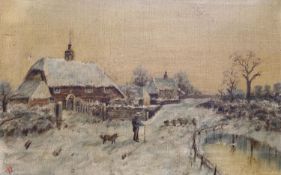 English School c.1900, oil on canvas, Traveller in a winter landscape, monogrammed A.B., 20 x 32cm