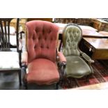 PLEASE NOTE A single Victorian carved rosewood scroll back upholstered open armchair