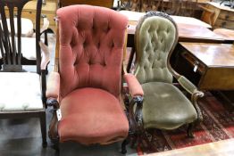 PLEASE NOTE A single Victorian carved rosewood scroll back upholstered open armchair