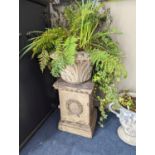 A pair of Victorian earthenware circular garden urns square plinth bases, diameter 58cm, height