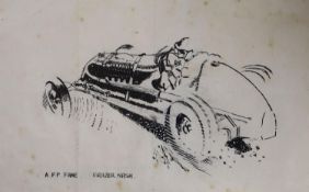 English School 1939, pen and ink, A.F.P. Fane driving a Frazer Nash, initialled, 11 x 17cm