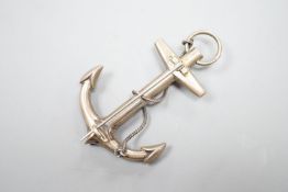 An early 20th century white metal and Scottish hardstone set anchor brooch, 73mm.