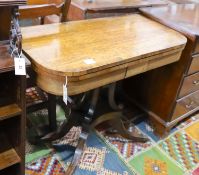 A Regency rosewood banded and mahogany tea table, width 91cm, depth 45cm, height 75cm