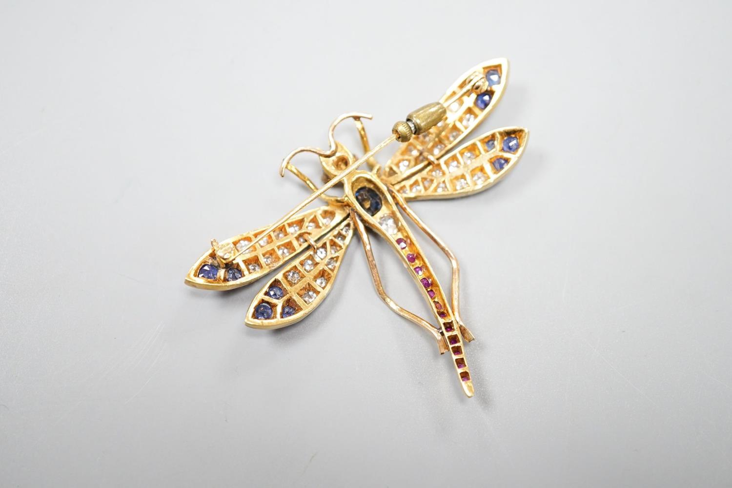 A Victorian style 14k, ruby, sapphire and diamond set dragonfly brooch, 47mm, gross weight 18.5 - Image 5 of 5