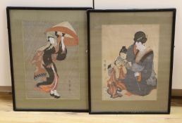 Utamaro (1753-1806), two woodblock prints, Woman with boy wearing a mask and Woman in a rain