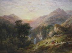 19th century English School, oil on canvas, Goatherd in a landscape at sunset, 45 x 59cm