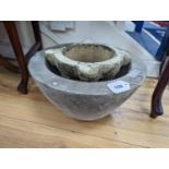 A large marble bowl and a marble mortar, larger diameter 38cm, height 21cm